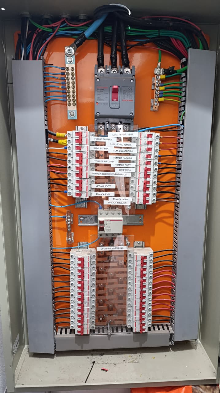 Quadro de distribuição elétrica com disjuntores identificados, inspecionado em vistoria técnica